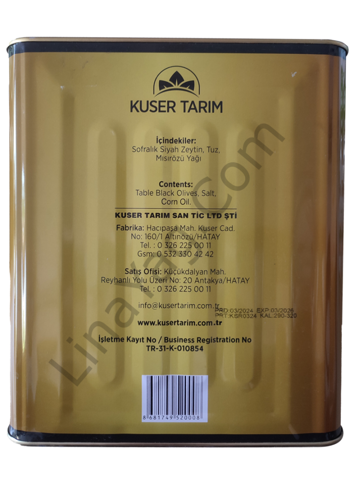 Kuser Yaglı salamura siyah Zeytin (290/320) 10 kg teneke
