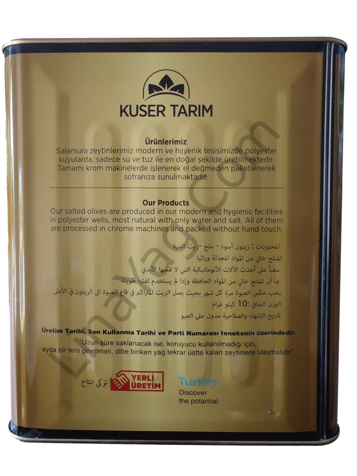 Kuser Yaglı salamura siyah Zeytin (290/320) 10 kg teneke